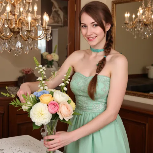 woman, <lora:SameFace_Fix:.8>, Couture, Colourful steam, beautiful lady arranging flowers in a antique vase, long gown, emerald collar, delphiniums, peony, peppermint, embroidered lace, chandelier, glittery smoke, beautiful model braided hairstyle, light rose, light green, light yellow, blue, and peach