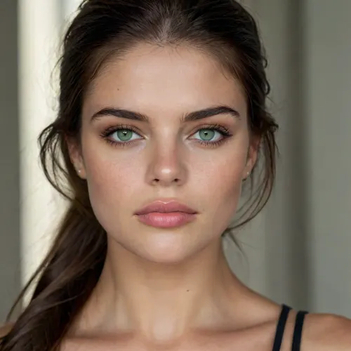 A photorealistic and hyperrealistic portrait of a beautiful young woman, face with strong, angular features, often described as striking, with prominent cheekbones, ((a defined jawline)), and full lips, framed by dark hair, giving her a naturally fierce yet feminine look, ((marie avgeropoulos)), look a like, ((green eyes)), perfect symmetrical face, rich dark brunette hair, natural makeup, flawless detailed skin texture, gentle gaze, cinematic lighting, 8k uhd, 85mm prime lens, shallow depth of field, bokeh background, studio quality, Vogue editorial, soft golden hour light, elegant, modern, ultra detailed, 4ng3l, face, Freckles, Natural, skin, <lora:SDXL_BetterFaces-LoRA_v1:1>, <lora:Cosine_freck:.3>