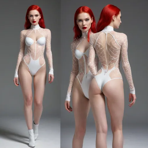bodysuit fashion design, 2-views, (front view and back view), of Chinese fashion model with pale skin, red hair, is showcased wearing white avant-garde bodysuit, Avant-garde Urban Wear, Fusing an Assassin’s Creed aesthetic with elements of nature, long sleeves, drawing inspiration from Rinaldy Yunardi, complex, intricate designs and Ross Lovegrove futuristic Biomorphic style, Michelle Hébert, wearable art. The bodysuit is crafted from transparent and clear materials, vee neckline, harness style, constructed with an elegant, sophisticated structure. Set against a pristine, clean white background, the image focuses sharply on the model, emphasizing the details of the bodysuit. Bodysuit details are complete. The rendering aims for a hyper-detailed, high-resolution effect, employing techniques to achieve a photorealistic, hyper-realistic look that captures the fine textures and subtleties of the materials and design, ((heavy make-up with red lipstick))