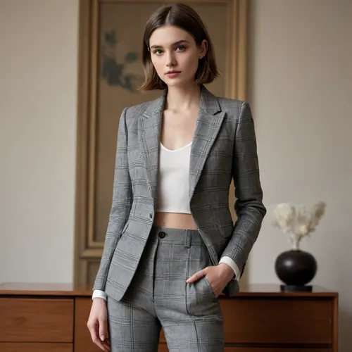 Minimalist Fashion Portrait Blends Tailoring and Provocation

A recent photograph presents a striking example of contemporary fashion photography, balancing classic tailoring with a deliberate sense of provocation. The image centers on a young woman standing indoors, framed by a softly lit, domestic setting that includes framed artwork and wooden furnishings.

The subject faces the camera directly, her posture composed and self-assured. She wears a cropped, black-and-white houndstooth blazer, left open at the front, creating a sharp contrast between structured menswear-inspired tailoring and exposed skin. The jacket’s clean lines and textured pattern draw immediate attention, emphasizing craftsmanship and form rather than ornamentation.

Paired with the blazer are high-waisted, gray plaid trousers, tailored close to the body and styled in a restrained, understated manner. The trousers reinforce the classic aesthetic of the outfit, grounding the look in traditional fashion codes while allowing the open jacket to serve as the focal point.

Her hair is cut into a sleek, chin-length bob, parted at the center, complementing the overall minimalism of the styling. Makeup appears subtle and controlled, with muted tones that keep the focus on the clothing and the subject’s expression rather than dramatic embellishment.

Overall, the image reads as a modern fashion statement that challenges conventional boundaries between formality and exposure. It reflects an ongoing dialogue in the fashion world about confidence, autonomy, and the reinterpretation of classic garments for a contemporary audience.