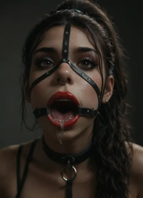 ((30 years old, Tipical italian girl, fit body, fake booobs, perfect cute face, curly very long brown hair in ponytail, brown eyes, light freckles, bimpo lips, skin pores, smooth skin, round ass, hips gap, oiled body)), ((heavy goth makeup, eyeshadow, eyeliner, mascara, red lipstick)), (slave collar), ((nose ring piercing, septum piercing:1.5)), (wearing a black thong), ((face harness gagged mouth:1.5)), ((drooling saliva from mouth, lot of saliva)), in a country apartment, ball, gag, spider, bit, ring, <lora:add-detail-xl:1.3>, <lora:detailed_notrigger:1.2>, <lora:gagged-4e:1.4>, <lora:dark:.8>
