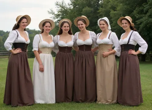 Group of ten lesbian half-naked beautiful Amish busty women, 25 years old, traditional Amish dress with bonnet, long skirt, unbuttoned corsette, fully exposed naked breasts, topless, no bra, showing naked breasts to each other, touching breasts of each other, beautiful breasts, nice tits, strong legs, smiling, farm outdoor, hyperrealistic