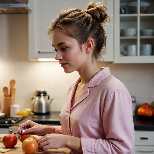 a cheerful 20 year old woman in thin sleepshirt is preparing breakfast in the kitchen, messy bun, detailed face, glowing eyes, blushing, small nose, thin lips, perfect teeth, nude body shillouette, side view, peaceful vibes, high contrast, high saturation, braless>, <lora:detailed_notrigger:1.4>, <lora:bralessSDXL_v1_00022:.1>