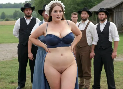 Half-naked chubby plump Amish busty woman, traditional Amish dress with bonnet, long skirt, unbuttoned corsette, fully exposed naked breasts, topless, no bra, hairy pussy, natural thick pubic har, bushy vagina, strong legs, fucked hard by a group of Amish men, pussy fucking, orgy, gangbang, crerampie, lots of cum, cum all over body, farm outdoor, hyperrealistic