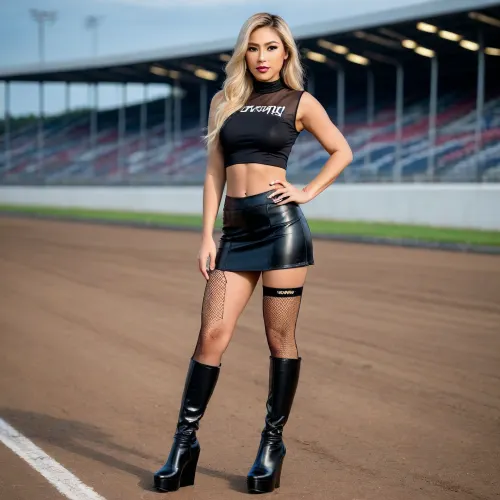 "A stunning asian Race Queen posing confidently at a racetrack, SMALL BREAST, wearing a sexy and stylish outfit, a tight, glossy crop top with "PERRA" inscription, paired with an ultra-short pleated mini skirt. She has on thigh-high PVC or latex boots with high heels, adding a fierce and glamorous touch. Fishnet stockings peek out between her skirt and boots for extra allure. Her long, satraight blonde hair down her shoulders, and she wears dramatic makeup—smoky eyes, glossy lips, and shimmering highlighter. The background features a blurred racetrack with speeding cars, neon lights, and cheering crowds. The style should be hyper-realistic with vibrant colors, emphasizing her curves and the dynamic energy of motorsports." wedge platform knee boots