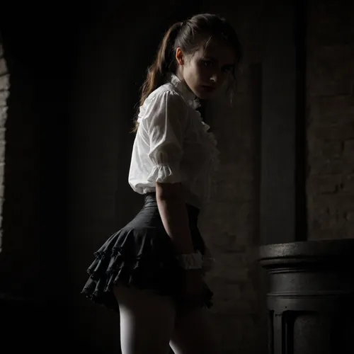 victorian century dressed skinny shy female show her small ass in dark castle, skinny legs, wearing black leggins, ruffle mini skirt, white ruffle top, dark ponytail hair, shy ass posing, looking disgusted, interessting low viewer angle, <lora:dark:.8>, <lora:bdsmdungeon_v4:.8>