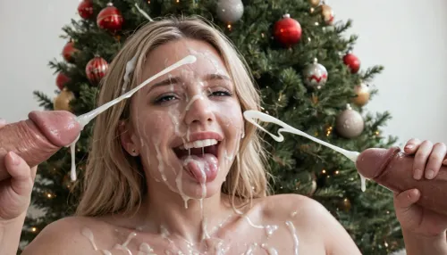close up of a huge 19 inch thick white dick, masturbating, (ejaculation:1.7), cumshot into the wide open mouth of a mature curvy woman with long blonde messy hair, (milf:1.1), happy, horny, sadistic grim, smiling, tongue sticking out, excessive cum dripping from tongue, white room with a christmas tree, white background, (Cum details), realistic cum, Prominent cum, (white cum:1.7), cum on, (Cum flows:1.2), (cum on body:1.3), cum on head, (cum on face:1.3), bukkake, ((body covered with semen)), cum, face, Face covered in cum, (A lot of cum:1.5), <lora:JustCum:.7>, <lora:cum_in_eye_deepmind:.8>