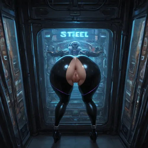 (Curvy young woman locked on between steel bars), bent over, legs spread, (scifi setting), film noir style, slot machine, ((latex clothing)), (colorful neon light stripes on clothing), bladerunner aesthetics, platform heels, small lady, neon signs, display, (strangers walking by), motion blur, surrounded by spectators, helpless, steel shackles, machine, open crotch, genetic manipulation, puffy labia, bare pussy, high angle, trapped, public, trapped in machine, objectified, fuckdoll, cyborg