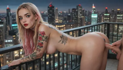 1woman, 34years old french, petite, ((((gradient blonde to pink hair)))), squirting, anal plug, penis, penetration, balcony, city skyline, night, long hair, blue eyes, tattoos, (((floral neck tattoo))), full sleeve tattoos, red lipstick, ultra-detailed skin, small ass, piercings, long eyelashes, looking at viewer, ((medium round breasts)), leaning over, hard nipples, nude, pubic hair, 4ng3l, face, <lora:detailed_notrigger:1>, <lora:SDXL_BetterFaces-LoRA_v1:.9>