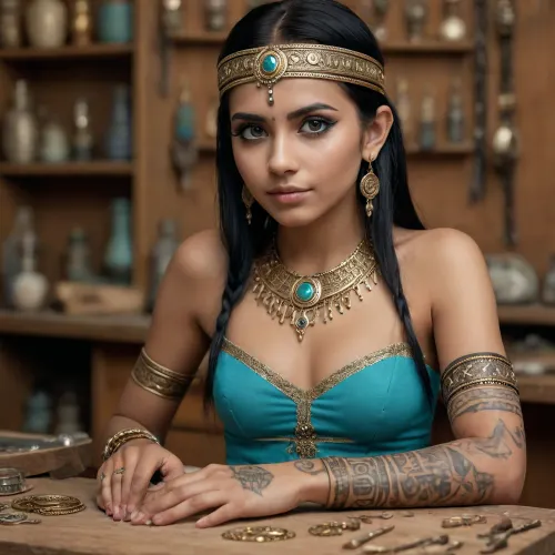 Jewelry workshop, (((a girl makes precious jewelry on a workbench))), on the shelves there are precious stones and gold, young beautiful 18 years old Indian girl, toned muscles, skinny, tempting, seductive, bright turquoise eyes, (languid facial expression), (partially naked), (bob hairstyle), (black straight hair), (ritual face painting, ritual makeup), (ritual crown), ritual jewelry, gold jewelry, (the body is completely covered with runic tattoos), Indian style, Aztec style, Mayan style, (highly detailed sexy face)
