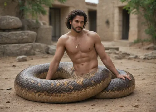 Snake man. Naga. Half snake half human. Monster. Lamia. Male. Man. Scales. Snake fangs. Snake skin. Hybrid. Snake tail from the waist down. No legs. Full body. Scales on chest. Long tail. Coiled. Arms. Dark skin. Jewelry. Gold chains. Solo male Multiple scale colors. Beard. Facial scales. Snake eyes. Stomach up. Laying on a sunny rock outdoors. Naga. Half snake. Snake hybrid. Half snake. Snake tail. Snake human fusion. Naga.