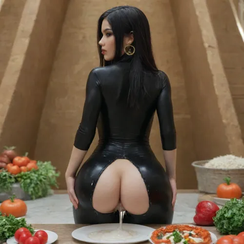Egypt Pyramids, beautiful sexy girl, goth girl look, black straight long hair, facing camera, pressing sexy pose, beautiful face, long black straight hair, bmbplora, bodysuit, mglr, large, breasts, seen from behind, (standing up:1.1), (wide hips:1.2), (giant creampie falls in rice, tomato, salad plate:1.4), <lora:bimboxl_02:.5>, <lora:MGLRbodysuit_sdxl:.5>, <lora:nudify_xl_lite:.5>