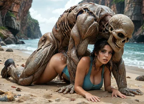 8k, score_9, score_8_up, score_7_up, FILM PHOTOGRAPHY STYLE, cinematic photography of a woman, professional portrait photo realism, reiq style, lara croft from tomb raider, lara croft outfit, monster sex, skeletal monster, colossal pawg ass, colossal breasts, colossal bubble butt, ultra detailed face, colossal hips, colossal thick thighs, perfect torso, exaggerated wasp waist, perfect body, pear shaped, ripped pants, ripped shirt, pinned, restraining, headlock, monster grabbing, vaginal sex, vaginal creampie, gritted teeth, pained expression, eyes, wide eyes, fucked by skeleton, vaginal monster sex, colossal cock, colossal leathery balls, impossible fit, large leaking creampie, dripping cum, motion lines, impact lines, beach, bow on hand, full body view, side view, <lora:detailed_notrigger:2>, <lora:add-detail-xl:.8>, <lora:LCMTurboMix_Euler_A_fix:.8>, <lora:style_lora_realis:.8>