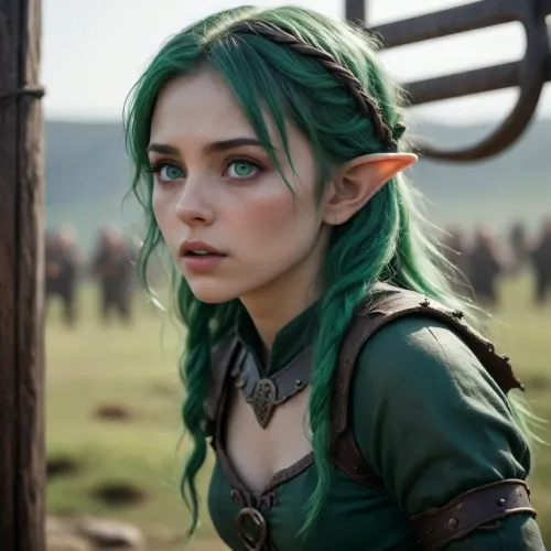 Silhouette in the distance of a beautiful 21year old green-haired elf on the battlefield Who looks at the viewer SamDoesArt2, frightened, facial expression, open, mouth, clenched, teeth, druidic, jia, pillory, <lora:MHXL_DruidicNaturalism_v1:.5>, <lora:jia_SDXL_2_:1.1>, <lora:Midjourney Image Enhancer XL v1:.6>
