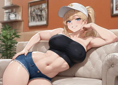 (solo:1.3), living room, plants, orange wall, shelves, blonde, long hair, long ponytail, blue eyes, long side bangs, (energetic), small earrings, (blue jeans mini shorts:1.1), (small black tube top:1.1), white baseball cap, (very athletic:1.5), (big tits:.6), sassy, confident, grin, (sparkling eyes:1.2), glowing eyes, looking at viewer, on couch, leaning to side, hard nipple, hand on hip, hand on cheek, side view