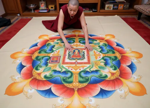Traditional Tibetan thangka painting depicting an elderly Tibetan nun drawing a sacred mandala on a pesayuk, (double exposure), (picture within a picture), (drawn on sand by a Tibetan nun:1.4), . The central deity sits in the heart of the lotus. It is surrounded by a square palace with four richly decorated gates, (T-shaped toranas), facing the cardinal directions. The surrounding layers include a ring of multicolored lotus petals, a vajra ring, and an outer ring of cosmic fire, (flame of wisdom), in bright red, blue, and gold colors. High detail, symmetrical composition, rich mineral pigments, gold leaf accents, authentic Himalayan Buddhist art style, ancient parchment texture, (double exposure), (picture within a picture), painted by a Tibetan nun using sand, (double exposure), picture within a picture, 8k resolution, meditative and divine atmosphere.