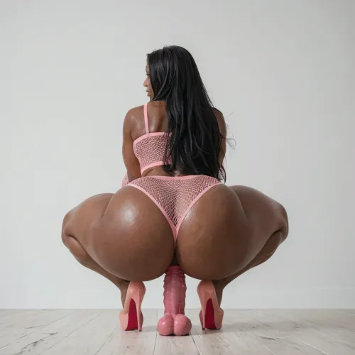 black african mature woman, (milf:1.1), (extremely long smooth black hair:1.7), (massive breasts:1), (massive ass:1.2), (wide_hips:1.5), pink fishnet top, pink high heels, pink fishnet panties with open crotch, squatting on a pink dildo, ass view from behind, looking forward, eyes closed, mouth closed, (hottest black african woman), (ass focus), white background, white room, white floor, white wall.