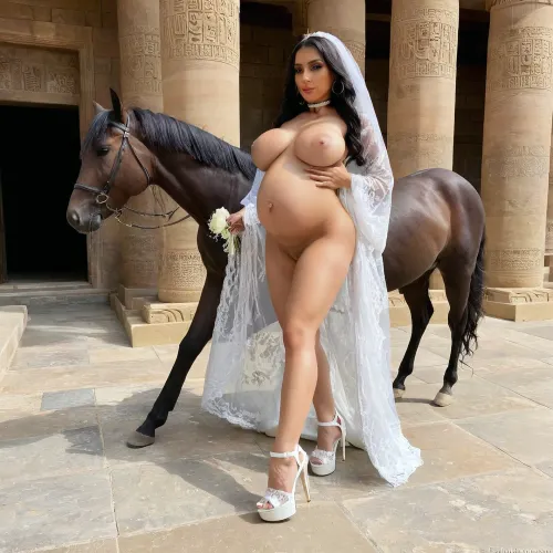 (Farah from Legend of Queen Opala), Extreme beautiful stunning milf hot slutty ELEGANT BRIDE 40 years old, tall, taned skin, hoop earrings, (she has light GOLDEN eyes), (she has PERFECT TOP MODEL FACE), (bimbo long eyelashes, HEAVY BLACK EYELINER), (very huge perfect bouncing tits:1.2), (large dark areolas:1.3), (perfect long erect nipples:1.3), (perfect beautiful bimbo curvy body), (perfect toned legs), long STYLISH wavy BLACK hair, full nude, (SMOOTH SHAVED irritated and swollen pussy:1.2), masterpiece, full body, front view, WALKING at EGYPTIAN TEMPLE OF MARRIAGE with her black stallion, sunny day, (transparent LACE WHITE bridal robe and WHITE bridal veil, WHITE bridal bouquet, WHITE BRIDAL SHOES, WHITE LACE BRIDAL CHOKER), (Farah is getting married with her horse), (PERFECT interspecies couple in love), (Farah became pregnant by her stallion), (Farah is expecting a horse), ((perfect huge 9-month pregnant belly:1.2)), (ready to give birth), remylacroix, bmbplora, mlfpchs, <lora:add-detail-xl:.8>, <lora:remy lacroix sdxl:.8>, <lora:bimboxl_02:.8>, <lora:ThePitXL:.8>, <lora:milfpeaches_RealvisXLV5(e14):.8>