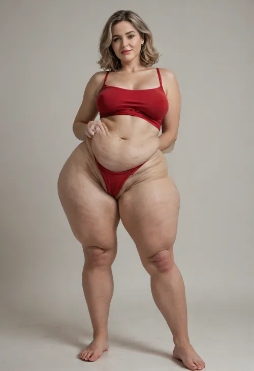 Photorealistic portrait of a mature milf., Voluptuous pear-shape, medium natural sagging breasts, drooping bust with ptosis, wide 45-inch hips, thick thighs, rounded booty, FUPA, soft pudgy belly, light colored eyes, light brown hair with silver streaks at temples, crow's feet, mature skin., (Wearing red satin high-waisted full-back panty, full briefs, high-compression fit, vacuum-sealed pelvic area, material straining over hips), red satin camisole fabric tension pull across sagging bust, braless natural form., Set in a bedroom, viewed from the front a 45 degree angle., Cinematic lighting, balanced lighting, Raking side-lighting to emphasize prominent cellulite, dimpled skin, and varicose veins on thighs. Full body view, 8k, raw photo, un-retouched, visible pores, (cellulite:1.3), stretch marks., bottomheavy, big, ass, huge, gigantic, thick, thighs, massive, <lora:bottomheavy_v1_sdxl_LoRA:.8>, <lora:PantyPull-000005:.8>