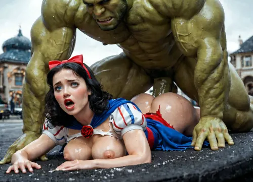Outdoors, on a skyscraper rooftop, Interracial superhero sex, (prone style sex:1.3), anal sex, Incredible Hulk is on a sexual rampage, (Hulk is a huge athletic extremely muscular green skinned naked brute), Hulk is anal fucking 25yo Snow White prone style with his long thick cock., (Snow White's dress is ripped and torn, huge chest circumference, (firm D Cup Breasts:1.2), (torn top, exposed breasts), hip gap, (narrow waist), pussy cameltoe, sweating heavily, oiled body, Hulk is forcing Snow White face down by her shoulders with her ass up, Hulk is fucking her from behind with his long thick overpowering cock, exposed cock, Snow White is in exquisite orgasmic pain, grimacing, struggling, rough sex, exhausted)