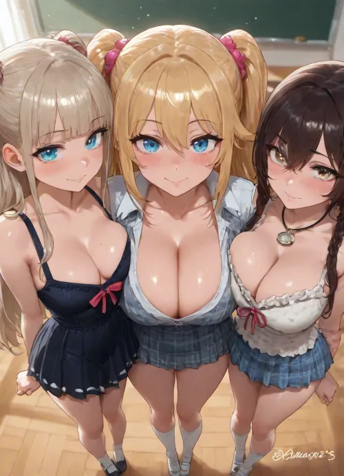(3girls standing next to each other:1.8), swarming viewer, japanese classroom, cute faces, ponytails, sparkling eyes, glowing eyes, blushing, hard nipples, pussys, dynamic angle, smiling, horny, perverted, lusty, (energetic eyes), slim bodies, big tits, view from above, (cleavage:1.4)