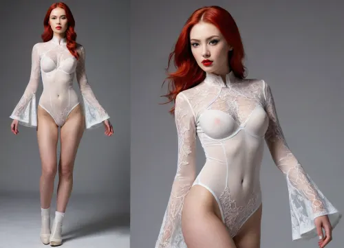 bodysuit fashion design, split screen with 2-views, left panel is front view, right panel is back view, of Chinese fashion model with pale skin, "red hair", is showcased wearing all-white avant-garde bodysuit, Avant-garde Urban Wear, Fusing an Assassin’s Creed aesthetic with elements of nature, long sleeves, drawing inspiration from Rinaldy Yunardi, complex, intricate designs and Ross Lovegrove futuristic Biomorphic style, Michelle Hébert, wearable art. The white bodysuit is crafted from transparent and clear materials, constructed with an elegant, sophisticated structure of flowing lines. Set against a pristine, clean white background, the image focuses sharply on the model, emphasizing the details of the white bodysuit. white Bodysuit details are complete. The rendering aims for a hyper-detailed, high-resolution effect, employing techniques to achieve a photorealistic, hyper-realistic look that captures the fine textures and subtleties of the materials and design, ((heavy make-up with red lipstick)), Full body view, (visible pussy:1.2), ((flare sleeve, bell-sleeve:1.2)), vulva, straps, cup-less, see-through bra, wispy lace, (bold Guipure/Venetian Lace:1.2)