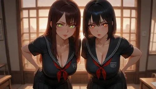 sunset, warm colors, (2girls standing side by side), Japanese cl4ssr00m, windows, dynamic view, looking at viewer, leaning forward, (2mature), 1red eyes, 1green eyes, 2black hair, 1long hair, 1short hair, (2sparkling eyes), (2glowing eyes), (2slim body with big tits), 2smiling, (2black school uniform), (2lipstick), (2cleavage), <lora:Japanese_cl4ssr00m:.3>
