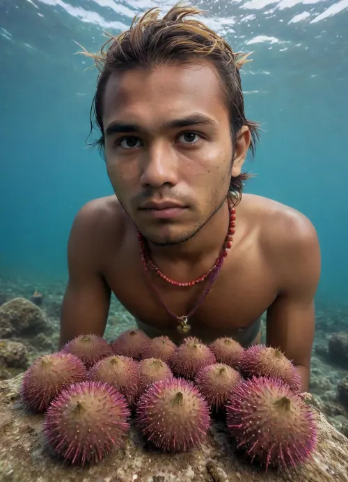 (Sea urchins on a reef in the foreground:.2), A 30 year male old traditional Sama-Bajau diver, collecting sea urchin, coral necklace, photorealistic, in the style of National Geographic, perfect, eyes, skin, blemish, detailed, <lora:polyhedron_all_sdxl-000004:.8>
