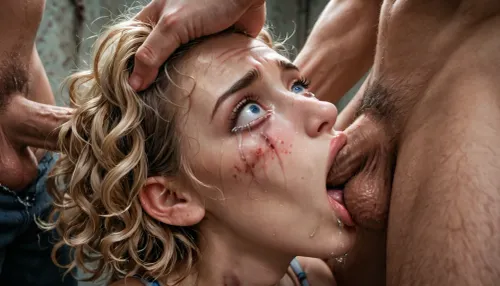 hyperrealistic, (UHD 8K:2), dingy, litter everywhere, pushed hard against another boys cock, ultra realism, (extremely wide angle side view), (intricately detailed), (color-graded scene with perfect focus, perfect detail reproduction), close up of girl sucking ball sack, rough sex, abuse, (illusion of depth, and contrast), ((facesitting)), ((forced to suck testicles 1.9)), (maximum details), (extremely hairy pussy), ((sucking on their balls 1.9)), ((surrounded by boys)), 18-year-old sorority girl, private school uniform pulled apart, torn clothes, (long blonde frizzy, curly hair), abduct her, abandoned building, extreme distress, begging for mercy, (back view), (look of intense fear), (scared look), (2 boys shoving their cocks against her face), (her lips sucking their testicles 1.9), (screaming in terror arms bound behind back), sports bra lifted up over her big saggy tits, (boys pants down to their ankles), molested, tits jiggle, hands grabbing her hair, (boy shoving his scrotum on her face 1.9), (unwilling), crying in pain, (nonconsensual), trapped, captured, terrified, torn thong on her leg, boys hands grope breasts, afraid, fear, restrained, huge sagging tits, giant tits, tears down face, head pulled toward cock, looking straight up, mascara running down face, head pulled back, badly bruised and beaten, agony on her face, screaming in pain, trauma, tears streaming, mascara running, severely bruised face, perfect teeth, distressed, grimaced look, wide eyed, boy playing with her nipples, (bra is cut open in the middle, crying nonstop), (cunnilingus), licking, pussy, absolutely, terrifying, detailed, eyes, perfect, freckles, skin, texture, photorealistic, <lora:Cunnilingus XL:2>, <lora:absolutely_terrified:2>, <lora:Super_Eye_Detailer_By_Stable_Yogi_SDPD0:2>, <lora:Dramatic_penis_SDXL:2>, <lora:NicolaSamori:1>