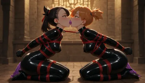 4k, highly detailed, petite girl, petite body, 2 girls from Pokemon, Marnie and Misty from Pokemon, kneeling, side view, double-ended dildo deepthroat, dildo in Marnie's mouth and in Misty's mouth, connecting them, their arms are bound behind their backs, their upper bodies are connected by ropes, intricate shibari, latex outfits, dungeon setting, dramatic lighting, anime style, high detail, drool, NSFW