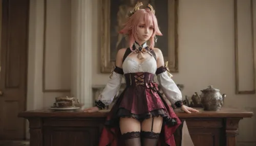 21 years old, 8K, solo, red eyes, fox, ears, five fingers, perfect fingers, pink hair, masterpiece of the highest quality, work of a true master, dress, skirt, stockings, unbuttoned sleeves, jewelry, black thigh-high stockings, Vision, leather, suit, Lynette, (Genshin, Impact), <lora:MIAOKA_Yae Miko_XL:.9>, <lora:tifa_re_sdxl_V1_01-000006:.9>