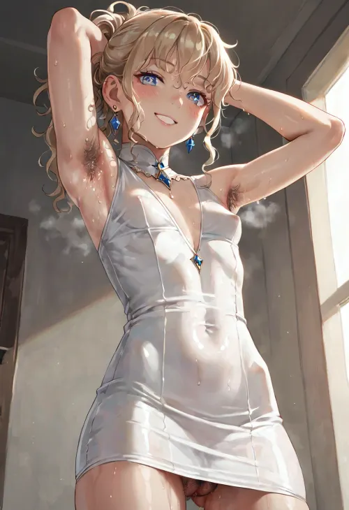 Light blond, tied hair, skinny and bony, smile, sweaty, hairy pussy armpits blond light, small breast, tight long dress, view from below, ((smell))