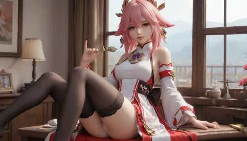 21 years old, 8K, solo, red eyes, five fingers, perfect fingers, pink hair, masterpiece of the highest quality, work of a true master, dress, skirt, stockings, unbuttoned sleeves, jewelry, black thigh-high stockings, Yae, Miko, Lynette, Navia, Vision, (Genshin, Impact), <lora:MIAOKA_Yae Miko_XL:.5>, <lora:tifa_re_sdxl_V1_01-000006:.5>