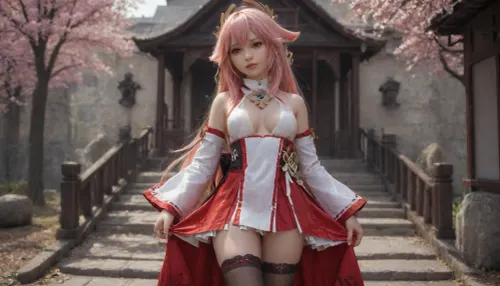 21 years old, 8K, solo, red eyes, five fingers, perfect fingers, pink hair, masterpiece of the highest quality, work of a true master, dress, skirt, stockings, unbuttoned sleeves, jewelry, black thigh-high stockings, Yae, Miko, Lynette, Navia, Vision, (Genshin, Impact), <lora:MIAOKA_Yae Miko_XL:2>, <lora:tifa_re_sdxl_V1_01-000006:2>