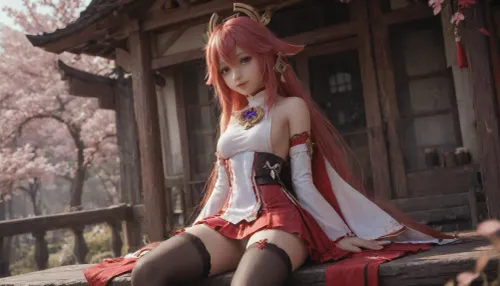 23 years, solo, red, eyes, dress, skirt, stockings, detached, sleeves, jewelry, black, thighhighs, hat, yae, miko, vision, (genshin, impact), <lora:MIAOKA_Yae Miko_XL:.8>, <lora:tifa_re_sdxl_V1_01-000006:.8>