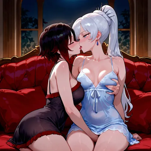 Ruby Rose, (RWBY), and Weiss Schnee, kissing and cuddling with each other on the couch in their pajamas., (Weiss Schnee is a tall, skinny woman with long, white hair, blue eyes, wearing a blue transparent nightgown.), (Ruby Rose is a short, petite woman with short black hair, grey eyes, wearing a black nightgown), Dark, dim living room, cozy couch.

2 girls, blushing, tongue kissing, cuddling, hugging, grabbing ass, grabbing boobs, fingering, soft, warm, 4k detail, clear, crisp.