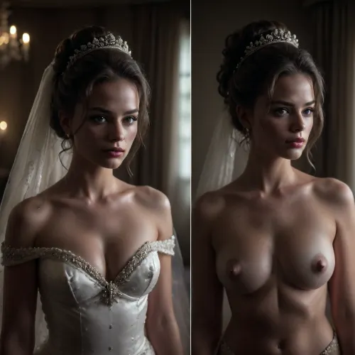On/Off, Clothed/Nude, high resolution, high quality, dark scene at night, waist up portrait, elegant middle aged 42 yo woman, seductive smile, small breasts, large pearl choker, pearl necklace, large pearl earrings, holding glass of champagne, (Hair in elaborate updo:1.4), (standing model posing, (elaborate wedding dress:1.3), corset top wedding dress, (wedding veil:1.5), very cute, seductive smile, out of focus romantic bedroom in background, indoors, (On/Off, Left side dressed / right side completely nude), completely nude no clothes, bellissima, clothes, body, l!nds@y, 1girl, long, hair, brown, eyes, freckles, breasts, seethru), bellissima, clothes, onoff, m@rgot, 1girl, realistic, <lora:LesFemmesXL_v1.0:1.6>, <lora:dark:.4>, <lora:OnoffXL_ExtraCrispy:1.9>, <lora:Margot_Robbie_-_V2:1.6>, <lora:add-detail-xl:1.7>