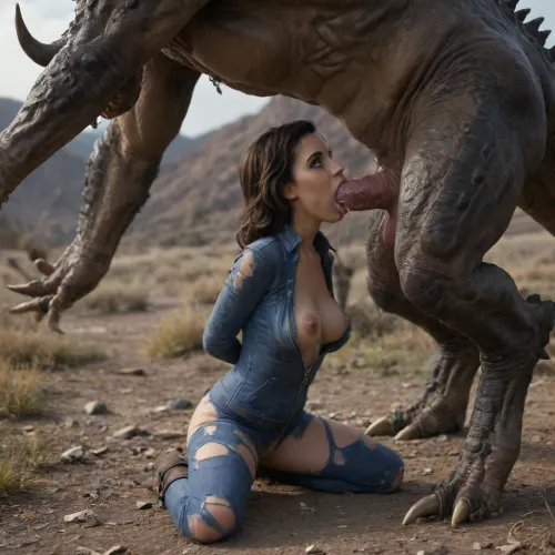 Elizabeth Comstock is dressed in a Vault 111 jumpsuit, is aggressively blowing a massive green glowing Deathclaw out in the Capital Wastes. Interspecies, Deathclaw, Fallout, Elizabeth Comstock, Bioshock Infinite, huge penis, (reptilian penis), mutant male, monster blowjob, zoophilia, detailed faces detailed eyes, detailed mouth, detailed pupils, detailed teeth, HD, ultra detailed, outdoors, torn body suit, unzipped suit, glowing male, cum inside, radioactive male, (mind broken female:1.4), gloomy setting, (deep oral), capital wasteland setting, full body side view