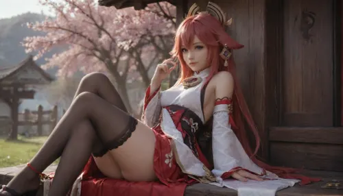 23 years, solo, red, eyes, dress, skirt, stockings, detached, sleeves, jewelry, black, thighhighs, hat, yae, miko, vision, (genshin, impact), <lora:MIAOKA_Yae Miko_XL:.8>, <lora:tifa_re_sdxl_V1_01-000006:.8>