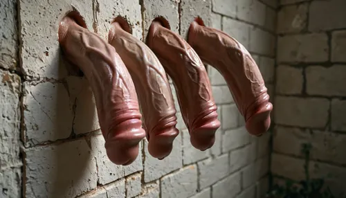 Extremely high-quality, highly detailed, cinematic, 8K, HD photo, a masterpiece.

An exhibition of penises, close-up of 10 penises, 10 penises of various sizes, erect and flaccid., (((Only the penises, no faces, penises hanging on the wall))), .