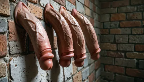 Extremely high-quality, highly detailed, cinematic, 8K, HD photo, a masterpiece.

An exhibition of penises, close-up of 10 penises, 10 penises of various sizes, erect and flaccid., (((Only the penises, no faces, penises hanging on the wall))), .