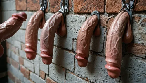 Extremely high-quality, highly detailed, cinematic, 8K, HD photo, a masterpiece.

An exhibition of penises, close-up of 10 penises, 10 penises of various sizes, erect and flaccid., (((Only the penises, no faces, penises hanging on the wall))), .
