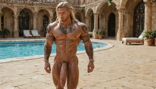 bad man, handsome man walking infinity pool area, tanned skin body, solo man, long blonde hair, long hair pulled back into a braid, all body tattoos, nly man, whole body, extreme hyper cock