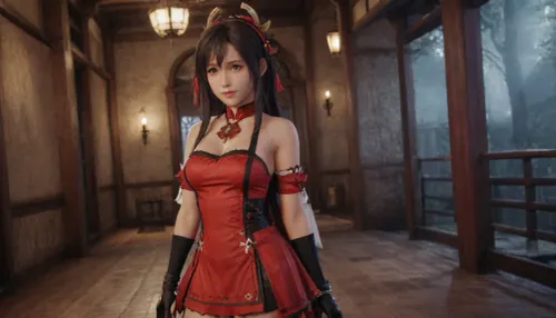 solo, red, eyes, dress, detached, sleeves, jewelry, black, thighhighs, hat, yae, miko, vision, (genshin, impact), <lora:MIAOKA_Yae Miko_XL:.8>, tifa7re, tifa_outfit, <lora:tifa_re_sdxl_V1_01-000006:.8>