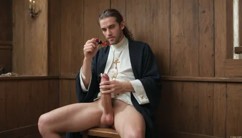 Priest stroking his cock in his robes, priest masturbating in confession booth, priest with cock out, priest, fat priest stroking his large erection, sitting in confession booth, horny expression, holding prayer beads in one hand while stroking his own cock with the other hand precum dripping down cock, wooden walls, rortch, <lora:rortch:.8>