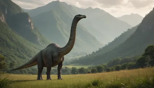 Light background, green mountains, grazing BRACHIOSAURUS