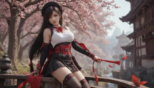 23 years, solo, red, eyes, dress, skirt, stockings, detached, sleeves, jewelry, black, thighhighs, hat, yae, miko, tifa, vision, (genshin, impact), <lora:MIAOKA_Yae Miko_XL:.8>, tifa7re, tifa_outfit, <lora:tifa_re_sdxl_V1_01-000006:.8>