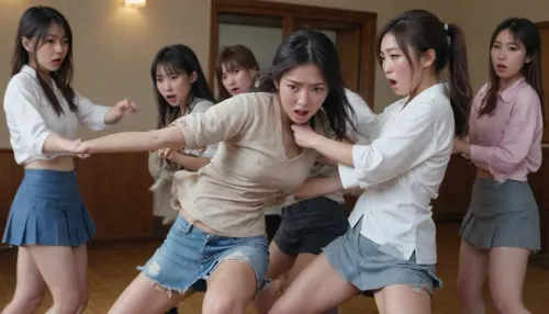 Extremely detailed, epic realism, group japanese young women beating another young women, they are fighting, torn clothes, torn, fly, down, at, <lora:tornclothesv6-8:2>