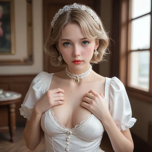 A Caucasian, hot, young, sexy, consenting adult woman dressed as Mrs Claus with vintage curls shoulder length hair flaunts her fully exposed breasts playfully rubbing, squeezing, and caressing her breasts.