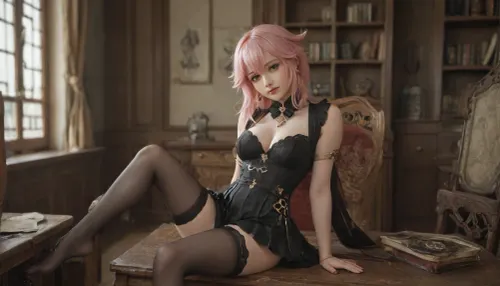 21 years old, 8K, red eyes, five fingers, perfect fingers, pink hair, masterpiece of the highest quality, work of a true master, dress, stockings, jewelry, black thigh-high stockings, Vision, leather, suit Lynette, (Genshin, Impact), (lin, ni, te), 1 girl, purple, solo, breasts, pantyhose, bow, ear, fluff, cleavage, bangs, face, mark, gray, small, pleated, black, bow tie, medium, shirt, <lora:MIAOKA_Yae Miko_XL:.4>, <lora:linnite_x_00004l:2>